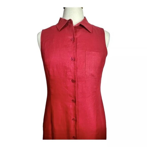 Talbots Irish Linen Maxi Dress 10 P Petites Red Button Front Collar Lined - Picture 4 of 9
